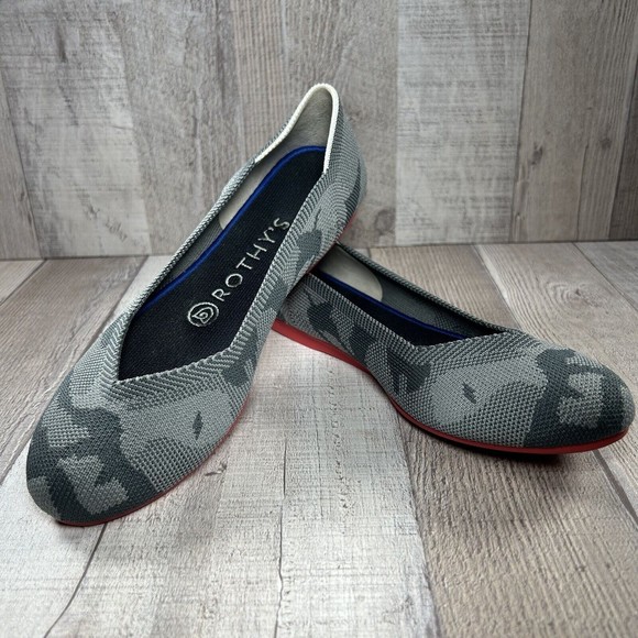 Rothy's The Flat Camo Women's Slip On Ballet Flat Shoes Red Sole Gray Size 6.5 - Picture 9 of 12